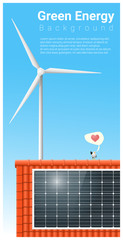 Green energy background with solar panel and wind turbine , vector , illustration