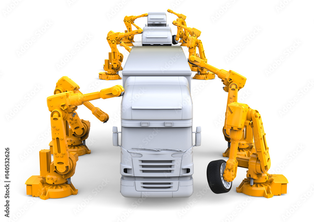 Poster truck assembly line / 3d render image representing a truck assembly line