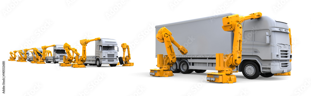 Poster truck assembly line / 3d render image representing a truck assembly line