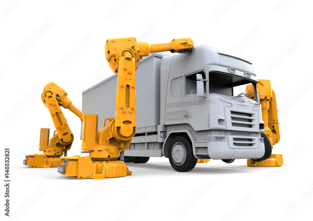 Poster truck assembly line / 3d render image representing a truck assembly line