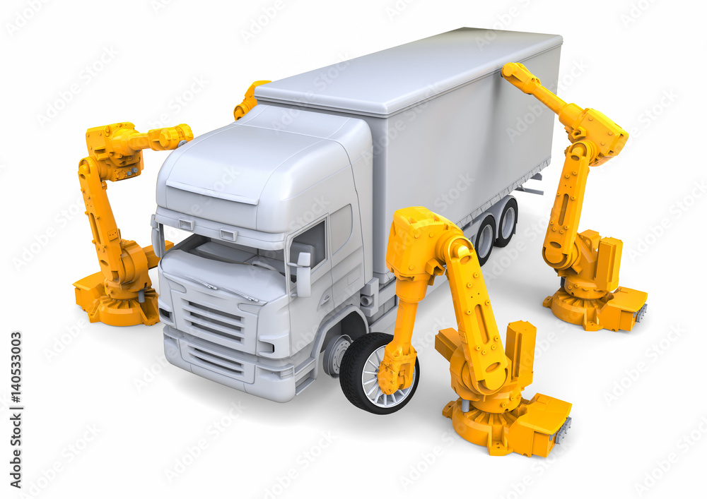 Poster truck assembly line / 3d render image representing a truck assembly line