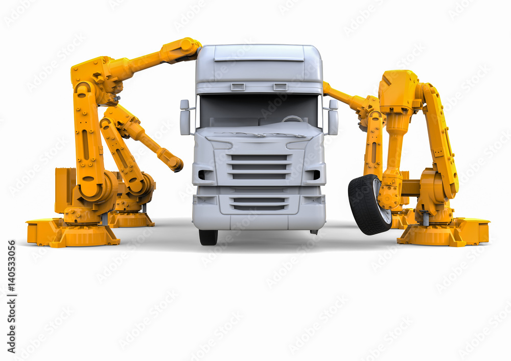 Poster truck assembly line / 3d render image representing a truck assembly line