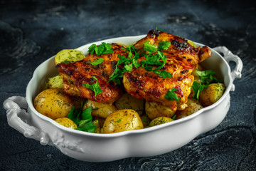 New boiled potatoes with dill and butter served with baked skinless boneless chicken thighs in vintage casserole