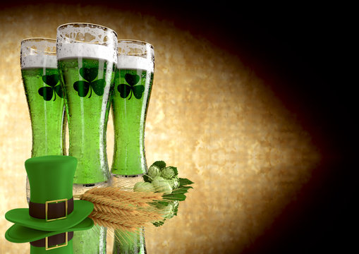 St Patrick's Day concept green beer with shamrock. 3D render