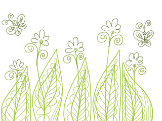 Hand drawn wallpaper of abstract isolated curvy lines as flowers and butterflies on white background, isolated illustration painted by pen and watercolor