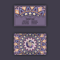 Vector Business card Design Template with Ornamental geometric mandala pattern. Vintage decorative elements. Hand drawn tile background.