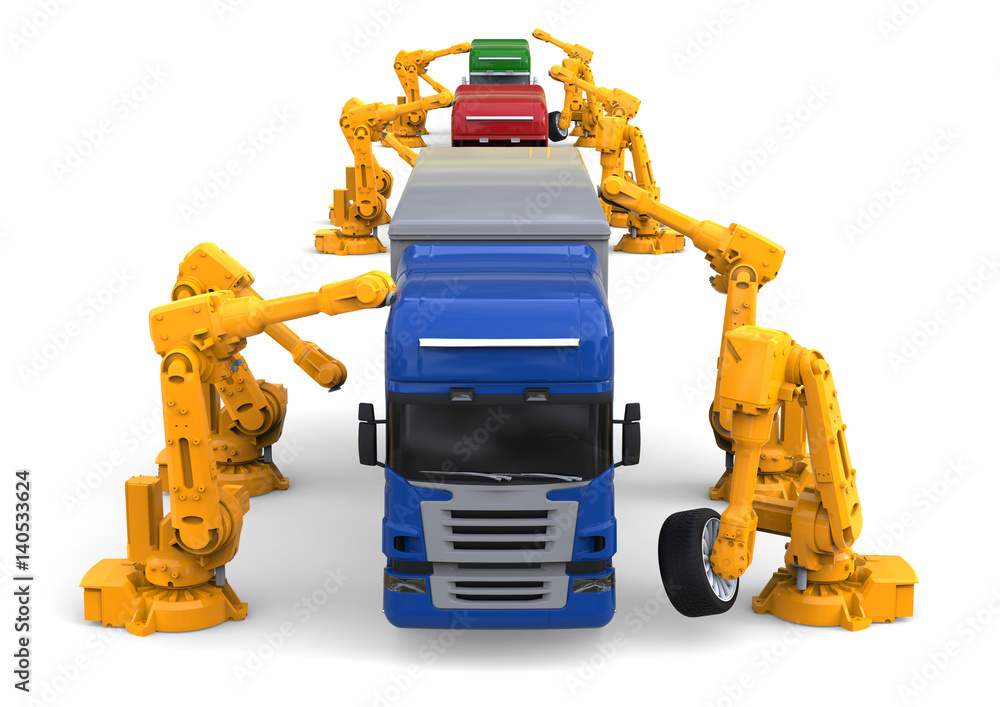 Poster truck assembly line / 3d render image representing a truck assembly line