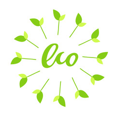 Eco hand drawn logo, label with green floral frame, with leaf. Vector illustration eps 10 for food and drink, restaurants, menu, bio markets and organic products. Brush lettering, calligraphy.