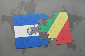 puzzle with the national flag of el salvador and republic of the congo on a world map