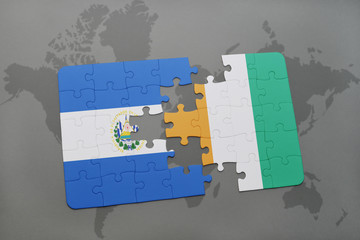 puzzle with the national flag of el salvador and cote divoire on a world map