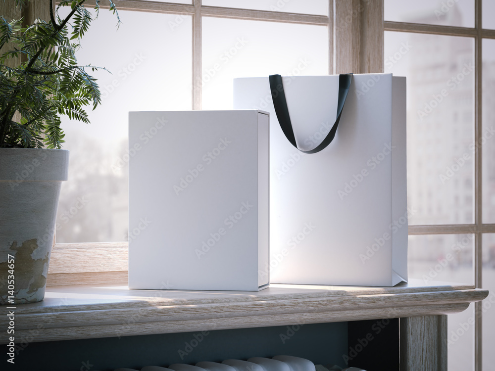 Poster white box and shopping bag on a window sill. 3d rendering