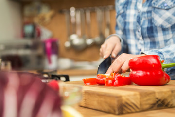 Vegan meal preparation. Woman chopping vegetables and cooking.