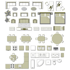 Set top view for interior icon 
design. Elements for living room, 
bedroom, kitchen, bathroom. Floor 
plan. Furniture store. Vector 
Illustration.
