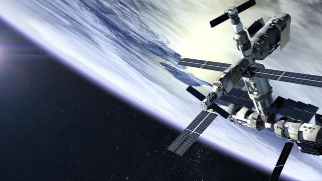 International space station appears in the frame and flies away from camera. ISS over the Earth. 4K. 3D Animation.