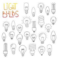Light bulbs icon set. concept of big ideas inspiration, innovation, invention, effective thinking. CFL lamp.  Isolated. Vector illustration.  Idea symbol. Vector. sketch . Hand-drawn doodle sign. 