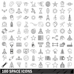 100 space icons set, outline style