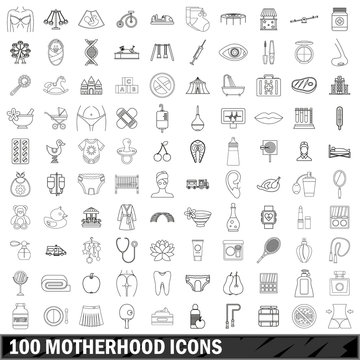 100 motherhood icons set, outline style