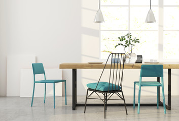 Dining room with blue chairs.