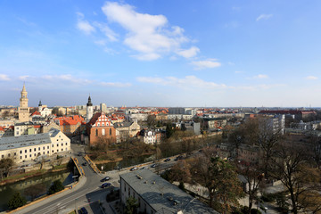 Naklejka na ściany i meble Panorama miasta Opole, widok z wieży Piastowskiej, kościoły, ratusz.