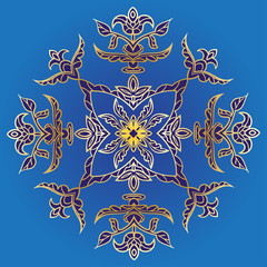 Hand drawing pattern for tile in blue, yellow and golden colors. Floral square