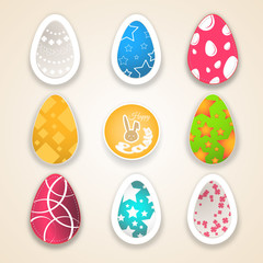 Vector set of Easter eggs different colors and pattern cut from paper on the gradient background and shadows.