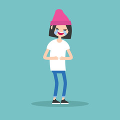 laughing out loud brunette girl / flat vector editable illustration