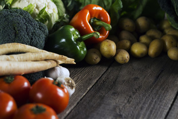 Fresh healthy farmers market vegetables from above with copy space