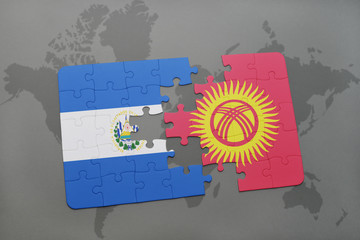 puzzle with the national flag of el salvador and kyrgyzstan on a world map