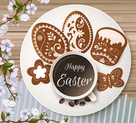 Happy Easter greeting, Gingerbread in the form of eggs. Spring holidays, Easter background. Vector illustration EPS10