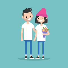 Fototapeta premium Saint Valentines Day. First date concept. Bearded boy giving flowers to a girl and gently hugging her / flat editable vector illustration