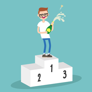 Young nerd standing on the pedestal and opening a bottle of champagne. Opened champagne sprayed. Celebration concept. / flat editable vector illustration