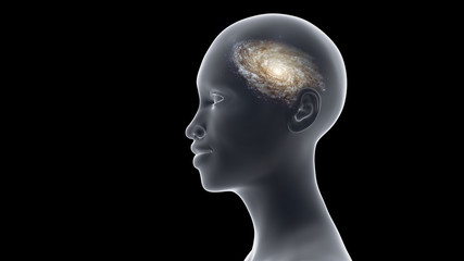 profile of a smiling beautiful young African woman with a galaxy in her head (conceptual 3d illustration)