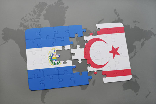 puzzle with the national flag of el salvador and northern cyprus on a world map