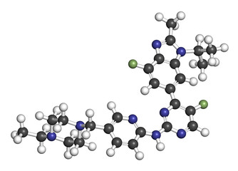 Abemaciclib cancer drug molecule (CDK inhibitor). 3D rendering. Atoms are represented as spheres with conventional color coding.