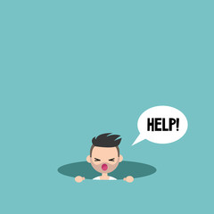 Young bearded man calling for help in the pit / editable flat vector illustration, clip art