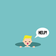 Young blond boy calling for help in the pit / editable flat vector illustration, clip art