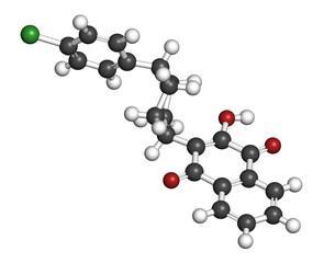 Atovaquone drug molecule. 3D rendering. Atoms are represented as spheres with conventional color coding: hydrogen (white), carbon (grey), oxygen (red), chlorine (green).