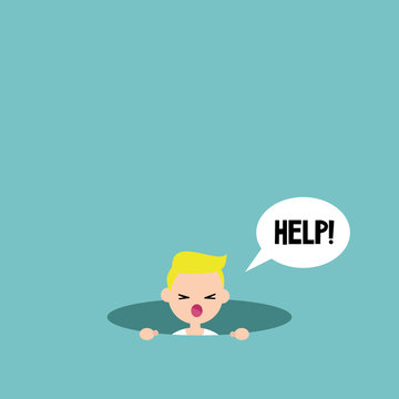 Young blond boy calling for help in the pit / editable flat vector illustration, clip art