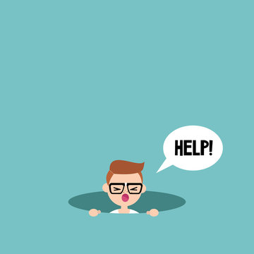Young nerd calling for help in the pit / editable flat vector illustration, clip art