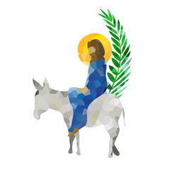 Palm Sunday - The Triumphal Entry of Jesus into Jerusalem on a donkey with palm leaves. Modern abstract artistic digital illustration