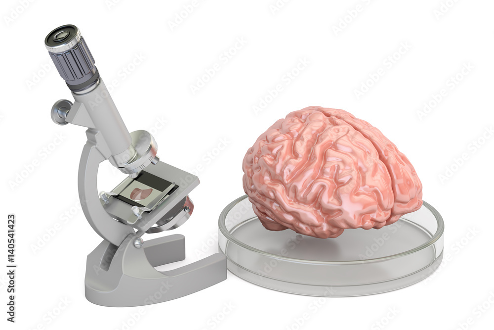 Poster laboratory microscope with human brain, 3d rendering