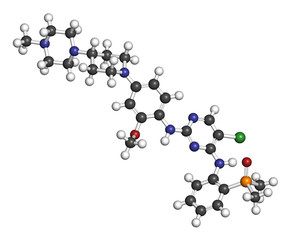 Brigatinib cancer drug molecule. 3D rendering. Atoms are represented as spheres with conventional color coding.