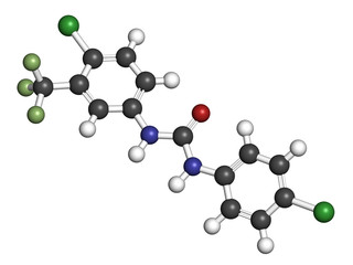 Cloflucarban disinfectant molecule. 3D rendering. Atoms are represented as spheres with conventional color coding.