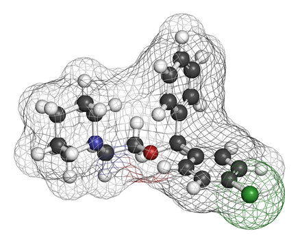 Cloperastine cough suppressant drug molecule. 3D rendering. Atoms are represented as spheres with conventional color coding.