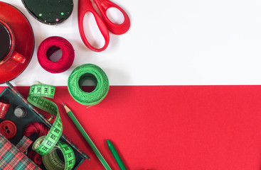 Sewing accessories in red and green colors