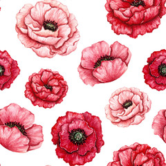 Seamless Pattern of Watercolor Red and Pink Poppies