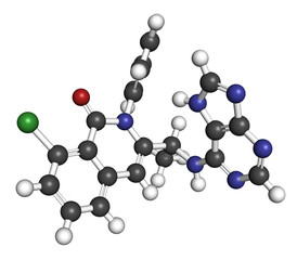 Duvelisib cancer drug molecule (phosphoinositide 3-kinase inhibitor). 3D rendering. Atoms are represented as spheres with conventional color coding.