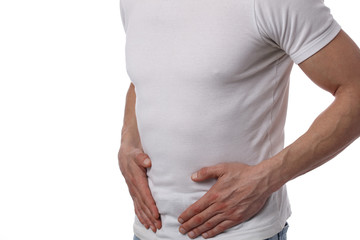 Man with stomach pain. Digestive system, Urinary Tract Infection problems.