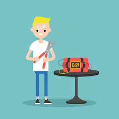 Young anxious blond boy trying to defuse the bomb / flat editable vector illustration, clip art