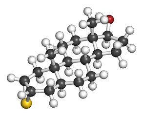 Epitiostanol (epithioandrostanol) cancer drug molecule. 3D rendering. Atoms are represented as spheres with conventional color coding: hydrogen (white), carbon (grey), oxygen (red), sulfur (yellow).